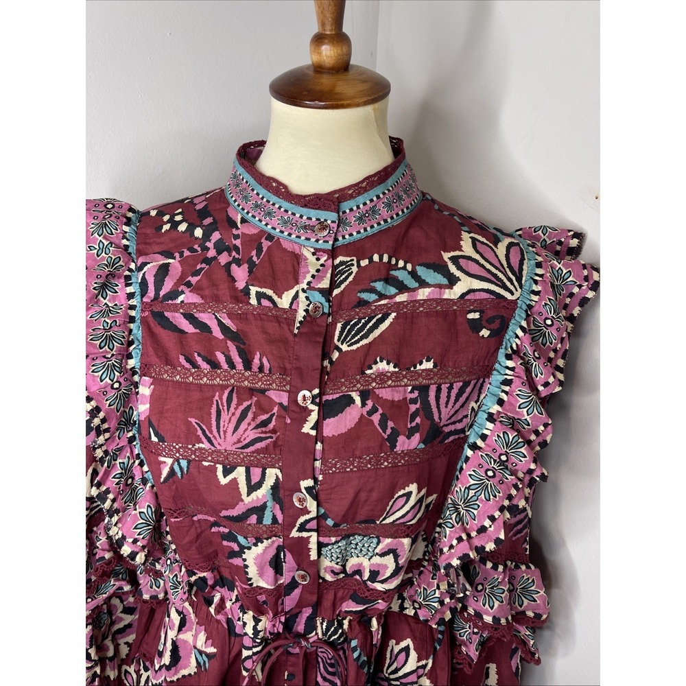 Farm Rio Womens Pineapple Inspiration Burgundy Ruffled Blouse Large - Picture 7 of 11